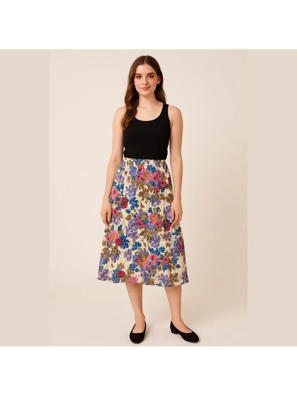 Vintage Floral Denim Skirt Cream Purple Blue Pink cottagecore granny farmhouse